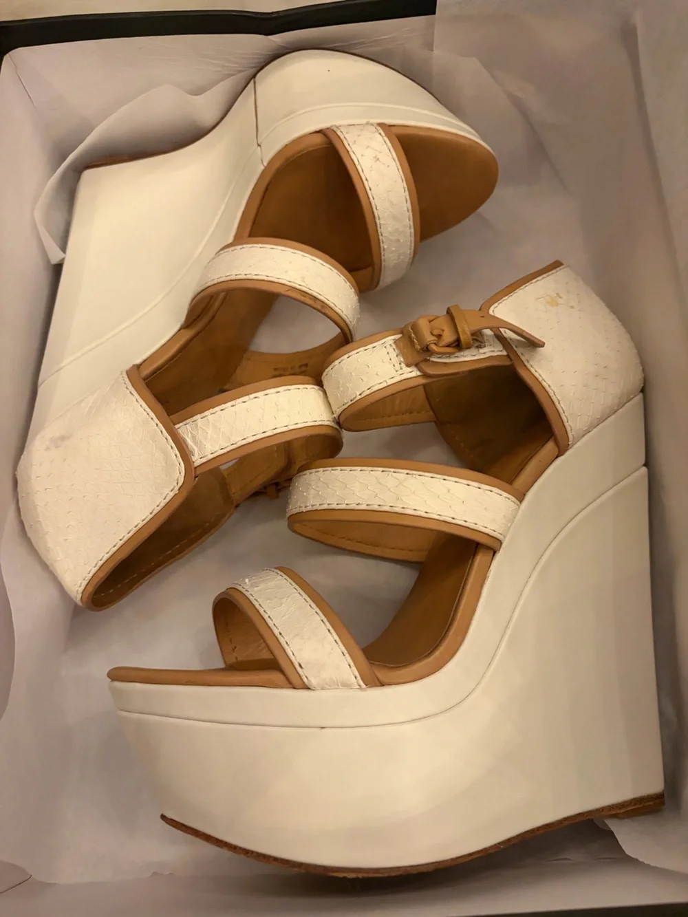 L.A.M.B. Inesa White & Tan Leather Platforms